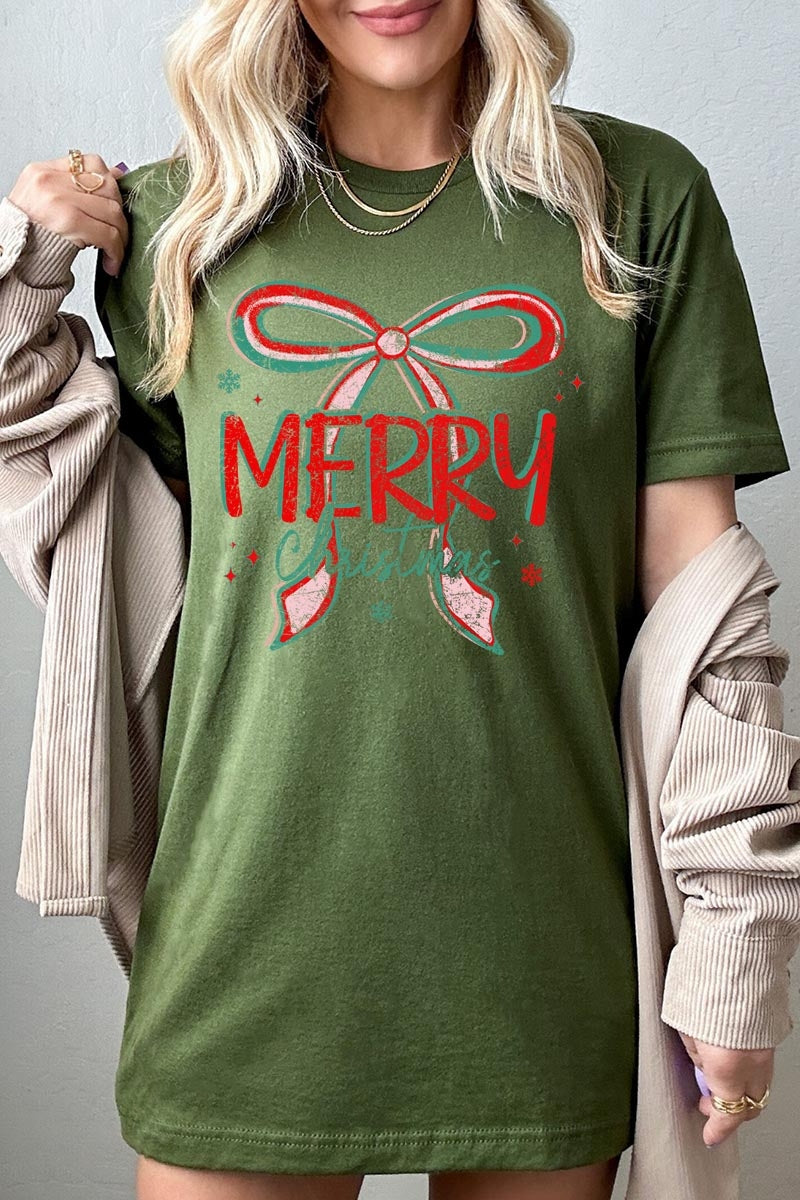 US3001-E3197 Merry Christmas Bow Graphic Tee $12.5
