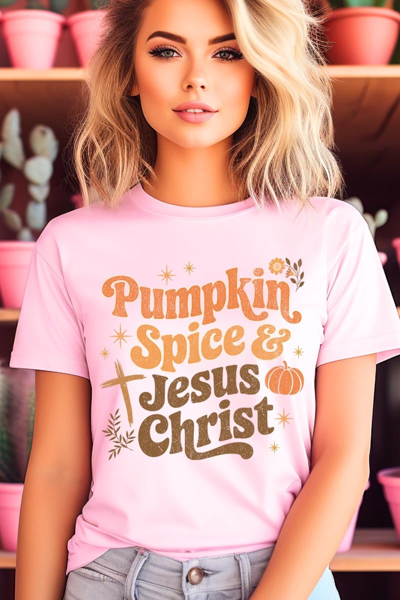 US3001P-E3164 Pumpkin Spice & Jesus Graphic Plus Tee $16