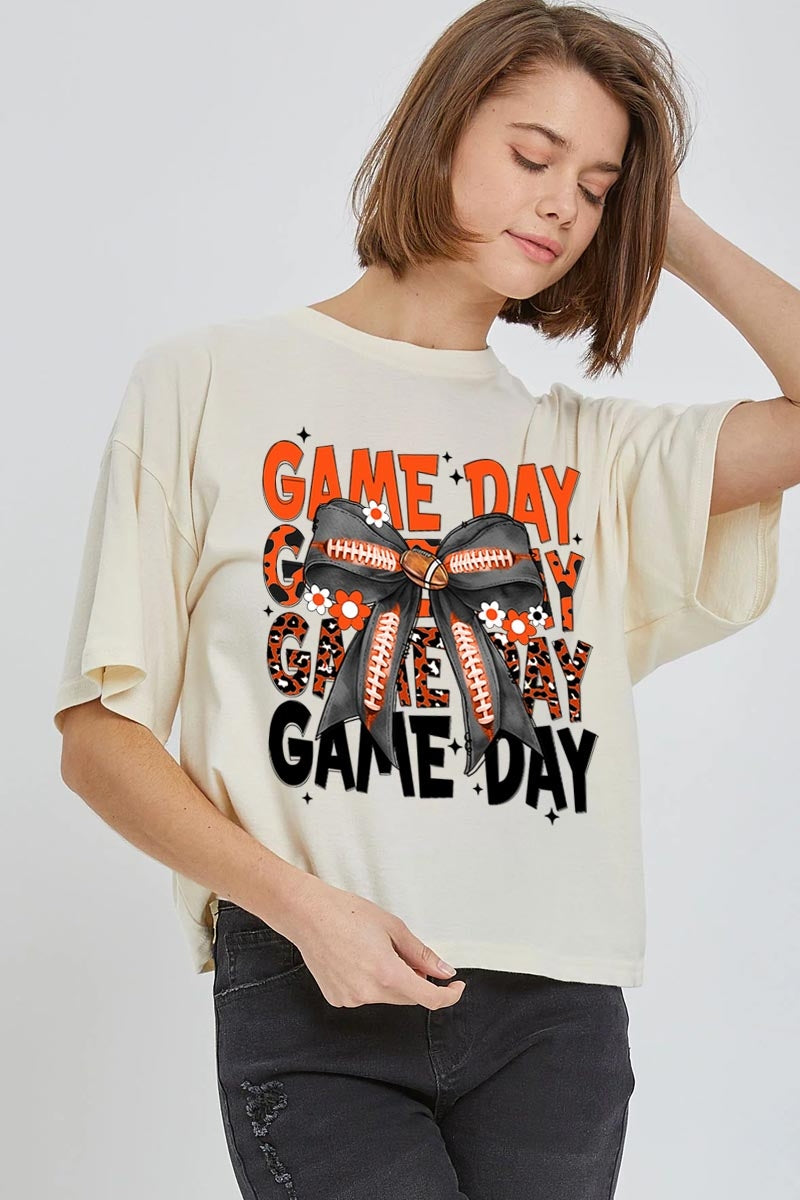 CTS-E3088 Orange Black Football GameDay Bow Relaxed Crop Top $11