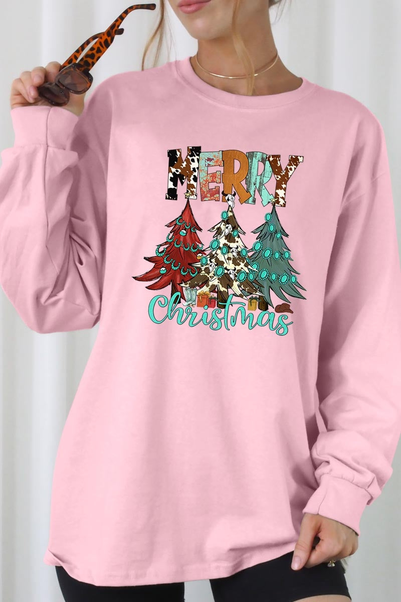UL240-E3200 Merry Christmas Trees Graphic Long Sleeve Tee $13.75