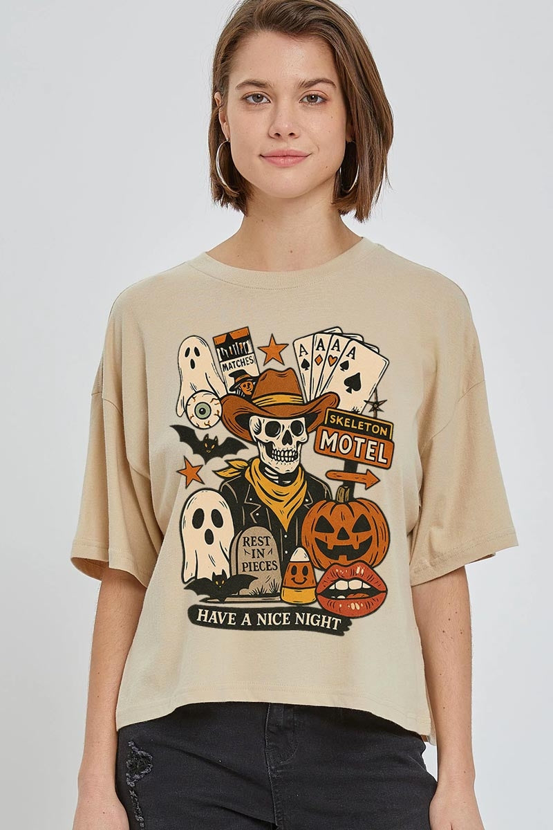 CTS-E3107 Spooky Western Skeleton Graphic Relaxed Crop Top $11