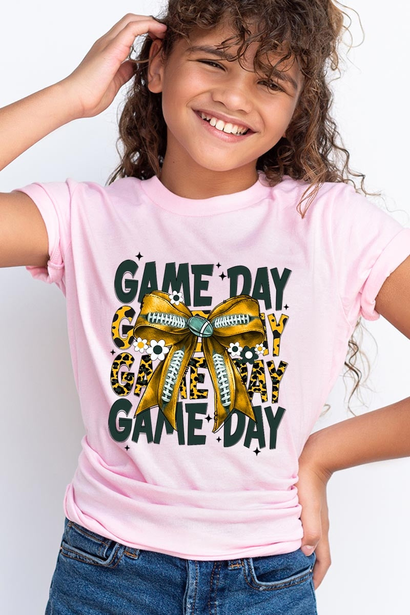 US3001Y-E3090Z Yellow Football Game Day Bow Kids Graphic Tee $11