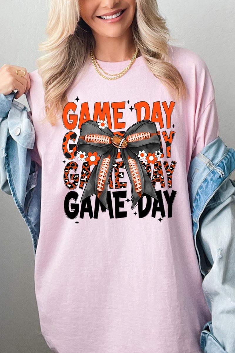 5000-E3088 Orange Black Football GameDay Bow Heavy Cotton Tee $9