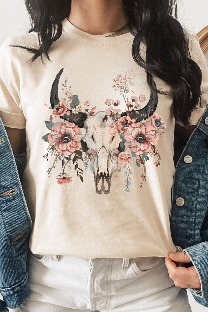 US3001P-E3113 Western Skull Floral Graphic Plus Tee $16