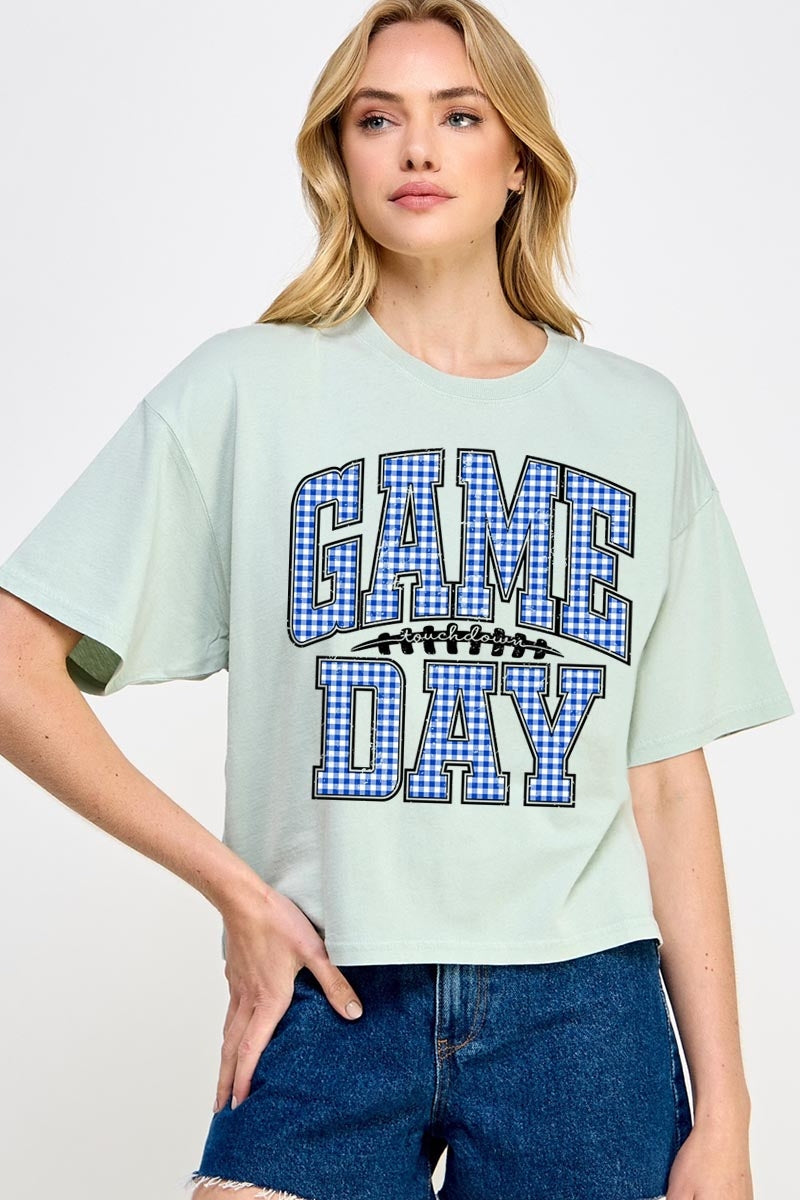 CTS-E3130 Blue Gingham Game Day Graphic Relaxed Crop Top $11
