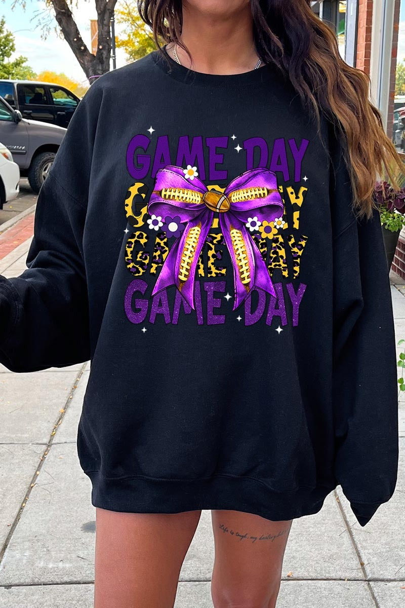 UL180P-E3092 Purple Yellow Football GameDay Bow Plus Sweatshirt $25