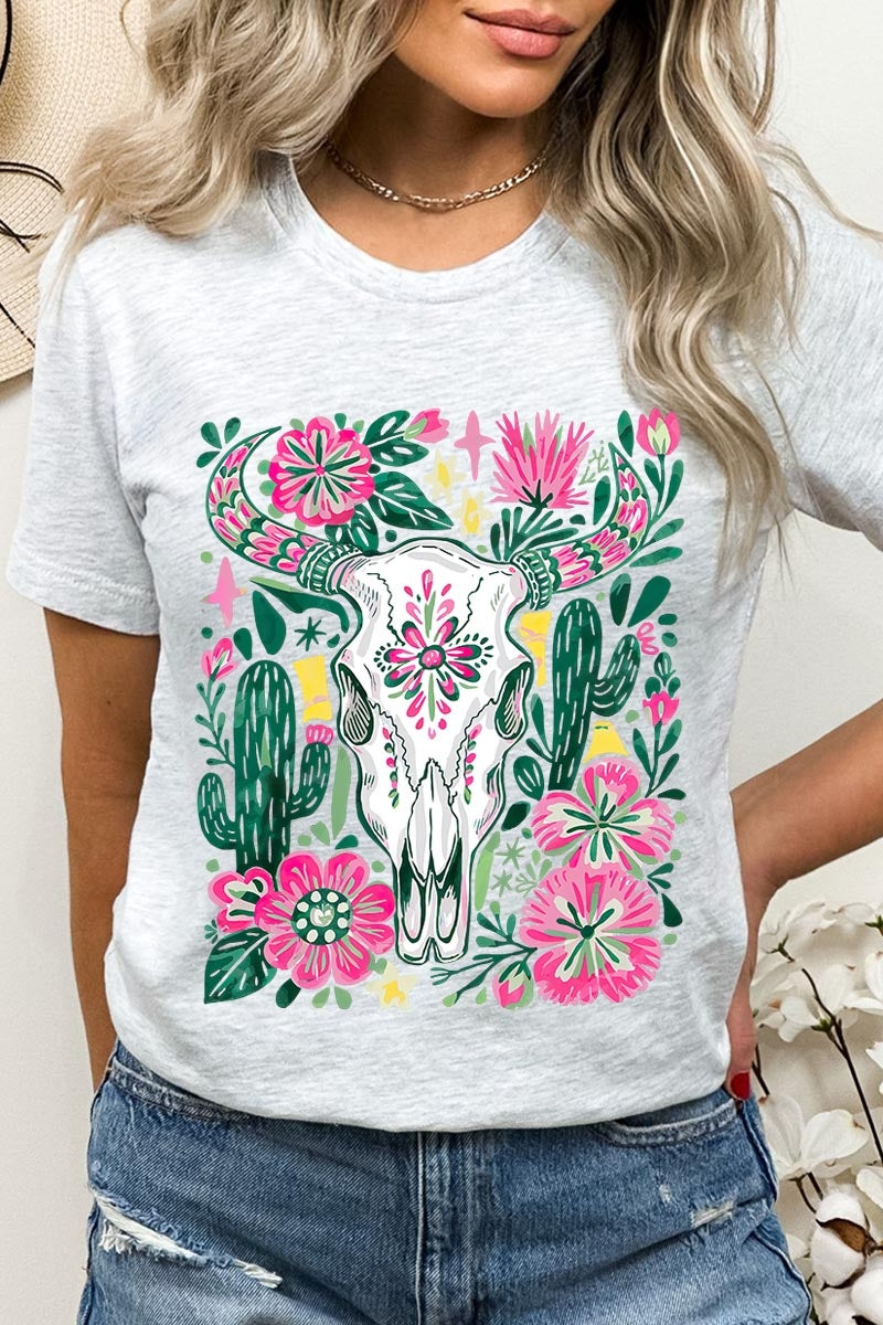 US3001-E3086 Western Floral Cow Skull Graphic Tee $12.5