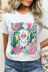 US3001-E3086 Western Floral Cow Skull Graphic Tee $12.5