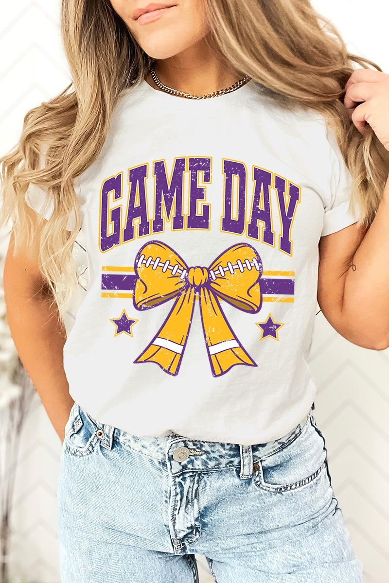 US3001P-E3063 Purple Game Day Football Bow Graphic Plus Tee $16