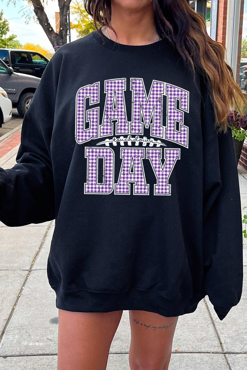 UL180P-E3127 Purple Gingham Game Day Graphic Plus Sweatshirt $25