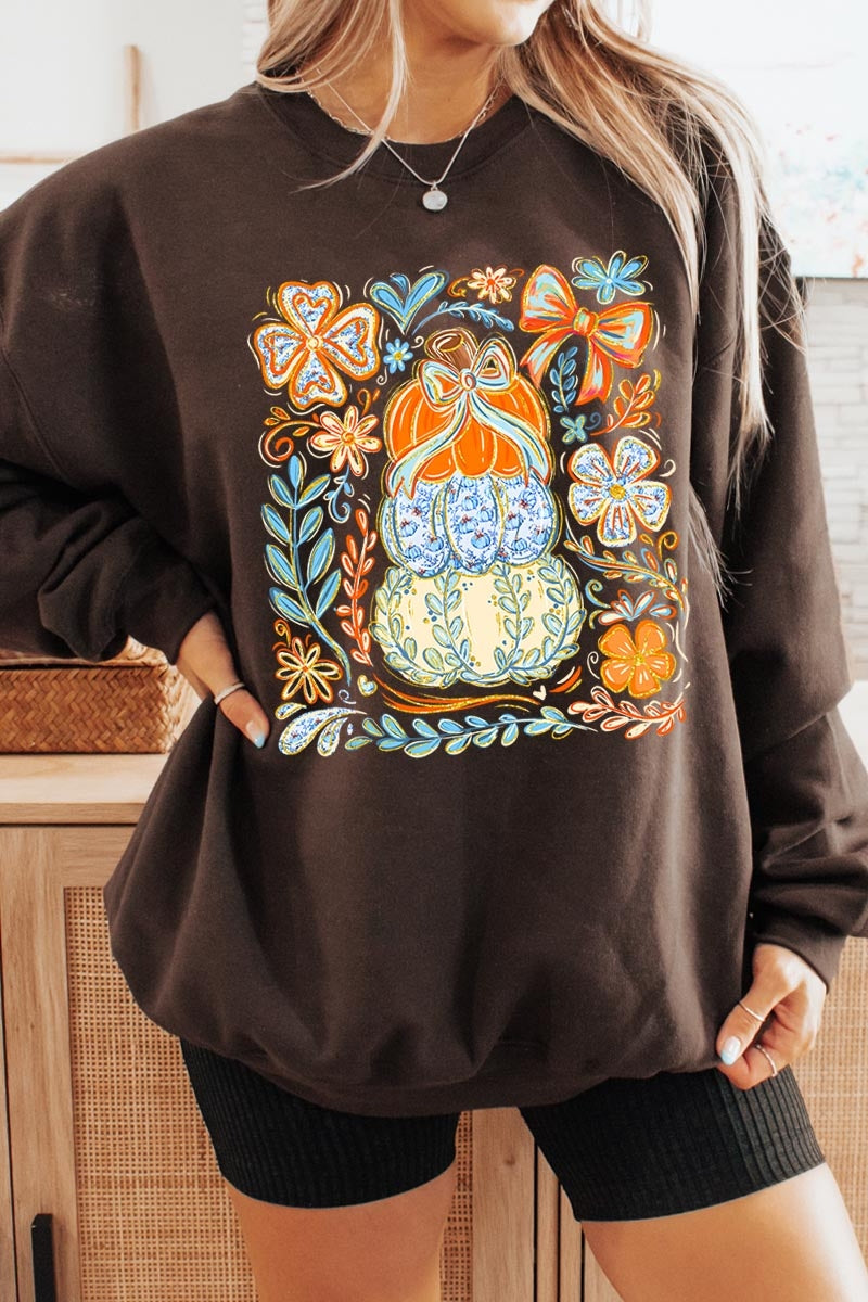 UL180-E3153 Floral Pumpkin Stack Graphic Sweatshirt $20