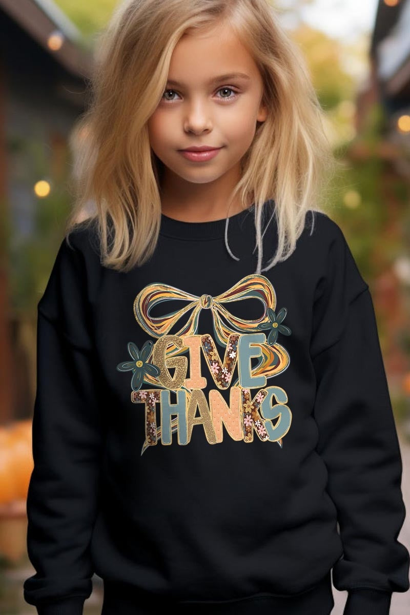 UL180B-E3154Z Give Thanks Bow Kids Graphic Sweatshirt $20