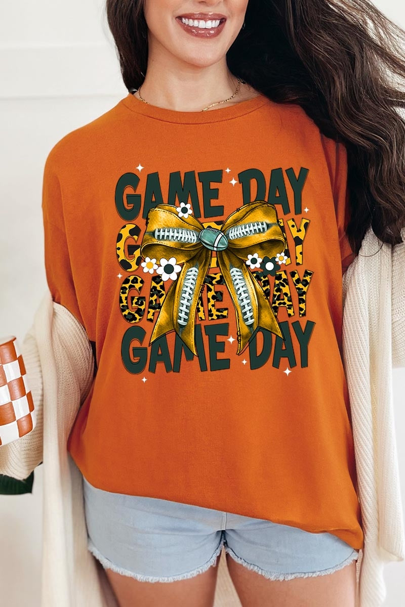 5000-E3090 Yellow Football Game Day Bow Heavy Cotton Tee $9