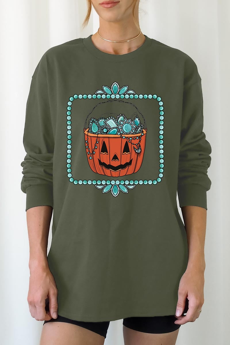 UL240-E3140 Halloween turquoise pumpkin Long Sleeve Tee $13.75