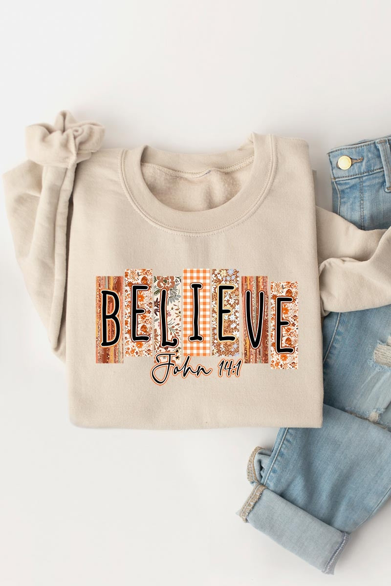 UL180-E3167 Believe Fall Christian Graphic Sweatshirt $20
