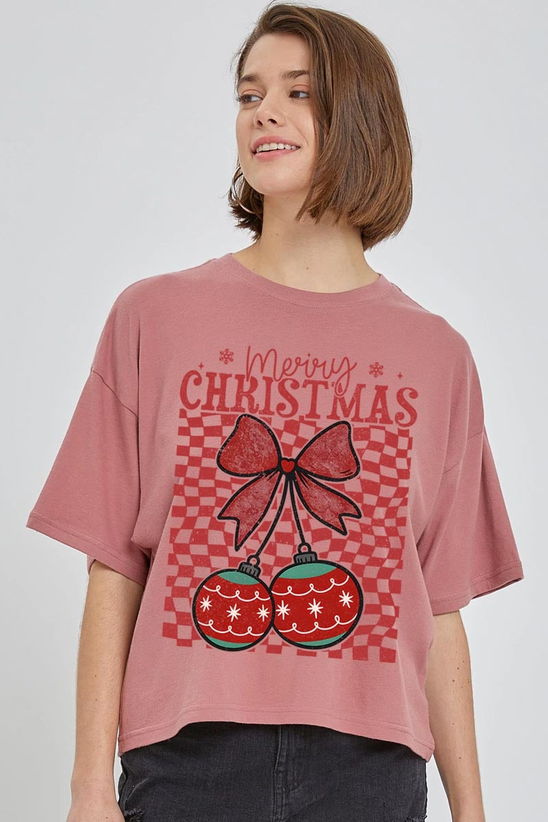 CTS-E3196 Cherry Ornament Christmas Graphic Relaxed Crop Top $11
