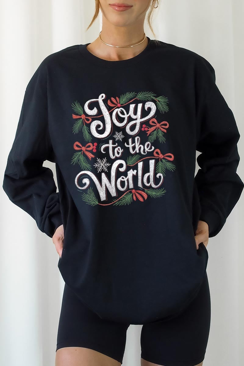 UL240P-E3221 Joy to the World Christmas Graphic Plus Long Sleeve Tee $17