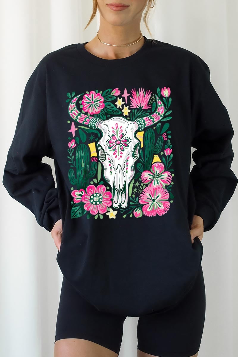 UL240-E3086 Western Floral Cow Skull Graphic Long Sleeve Tee $13.75