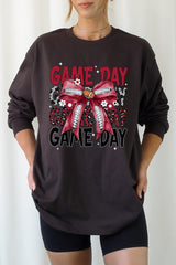 UL240-E3093 Red Silver Football Game Day Bow Long Sleeve Tee $13.75