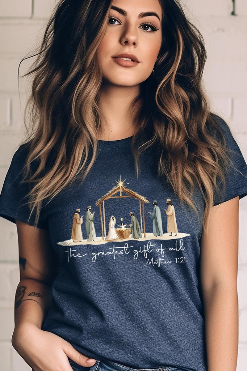 US3001P-E3183 Nativity Gift Graphic Plus Tee $16