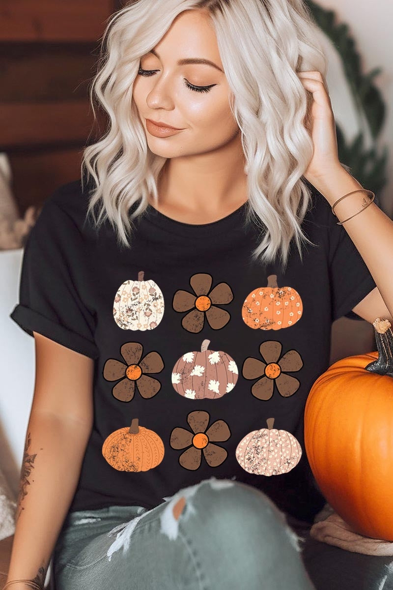 US3001-E3117 Pumpkins & Flowers Fall Graphic Tee $12.5