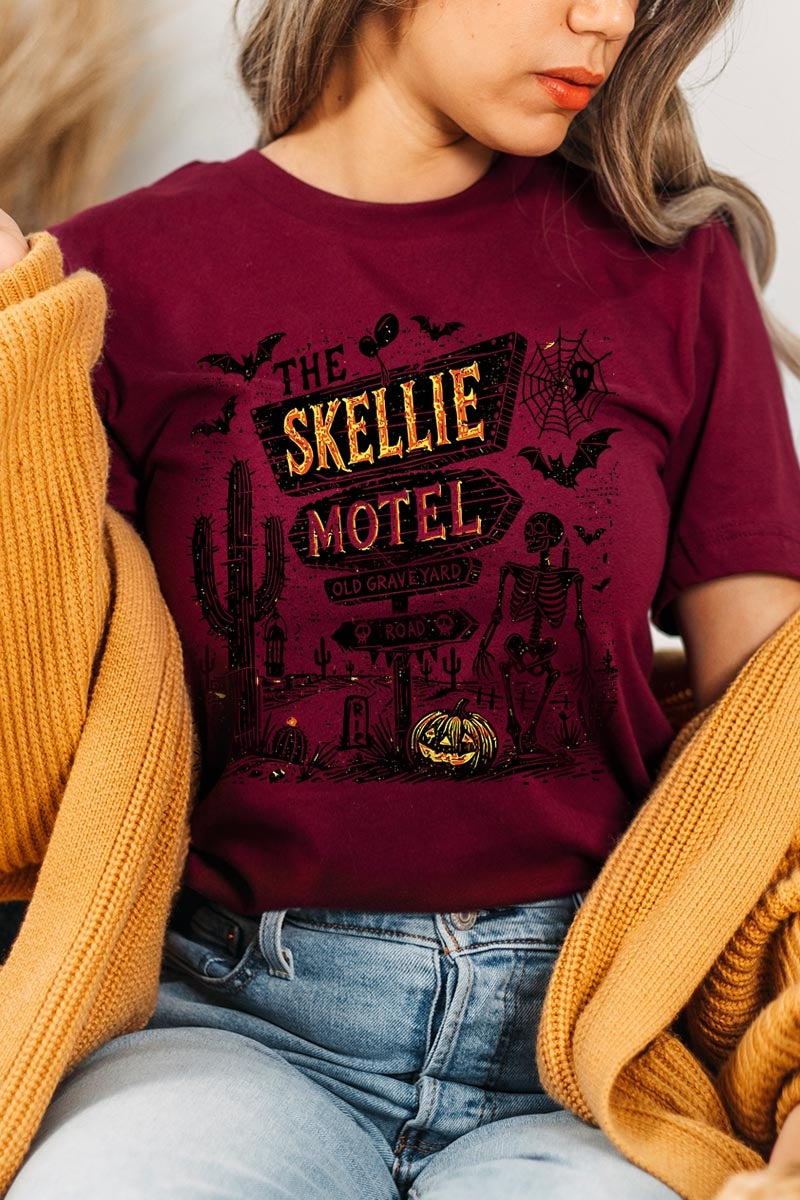 US3001-E3108 Skellie Motel Halloween Graphic Tee $12.5