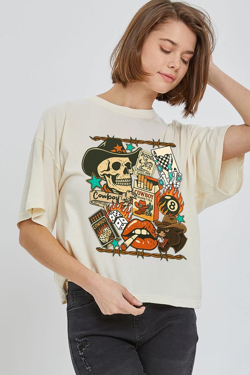 CTS-E3096 Vintage Western Collage Graphic Relaxed Crop Top $11