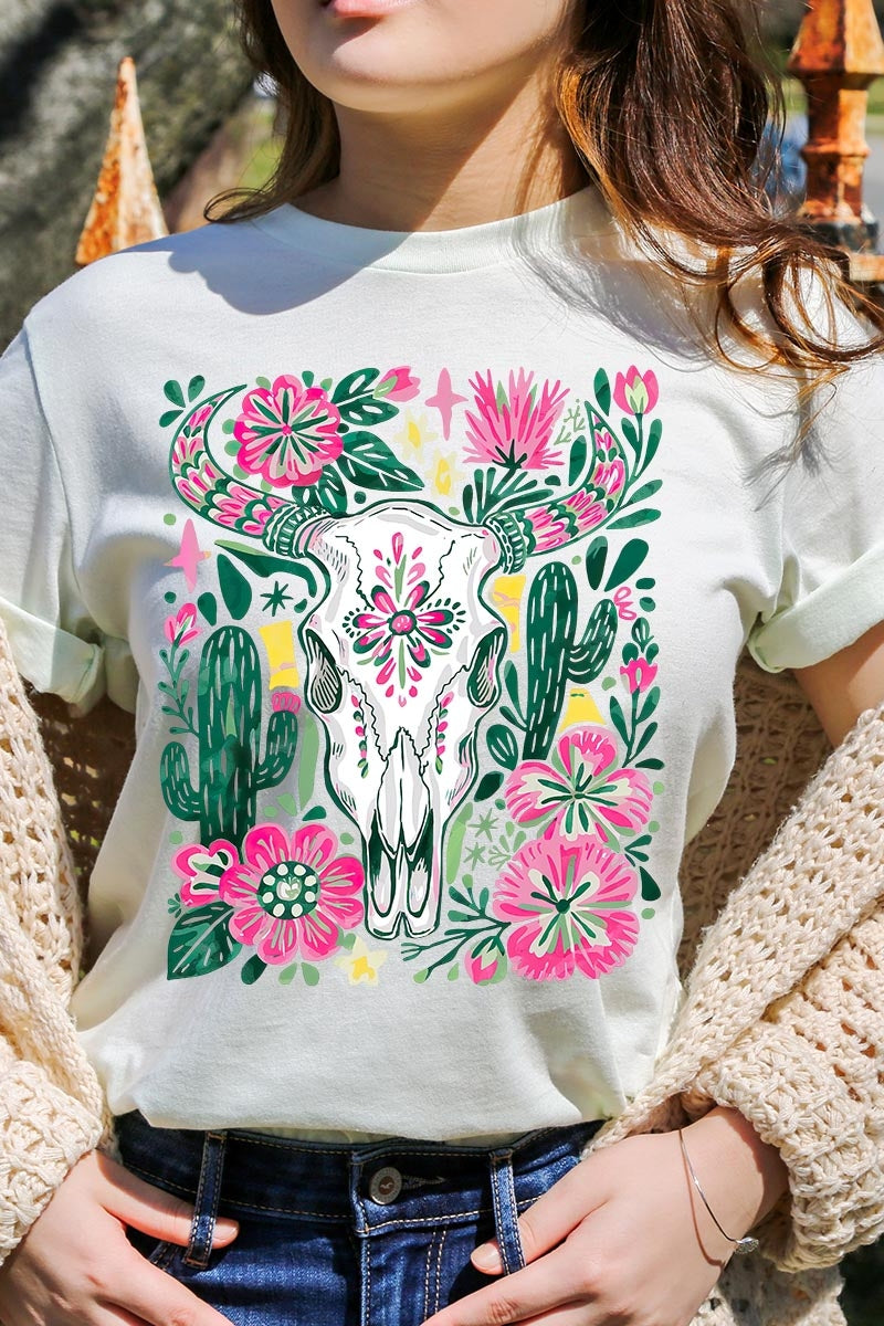 US3001-E3086 Western Floral Cow Skull Graphic Tee $12.5