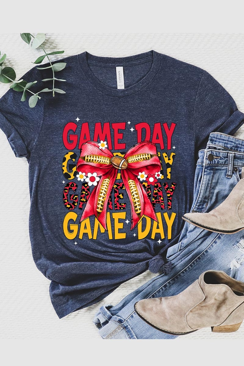 US3001P-E3091 Red Yellow Football Game Day Bow Graphic Plus Tee $16