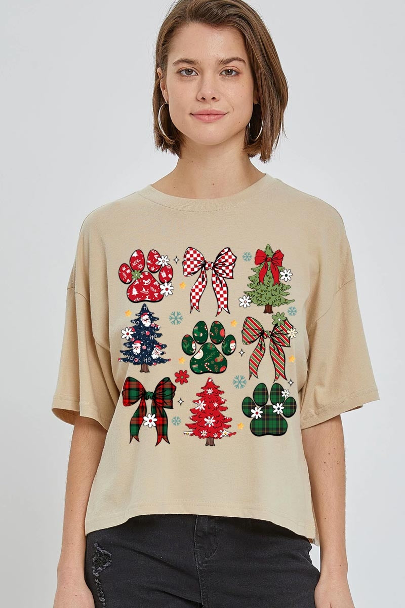 CTS-E3195 Christmas Bow Paw Graphic Relaxed Crop Top $11