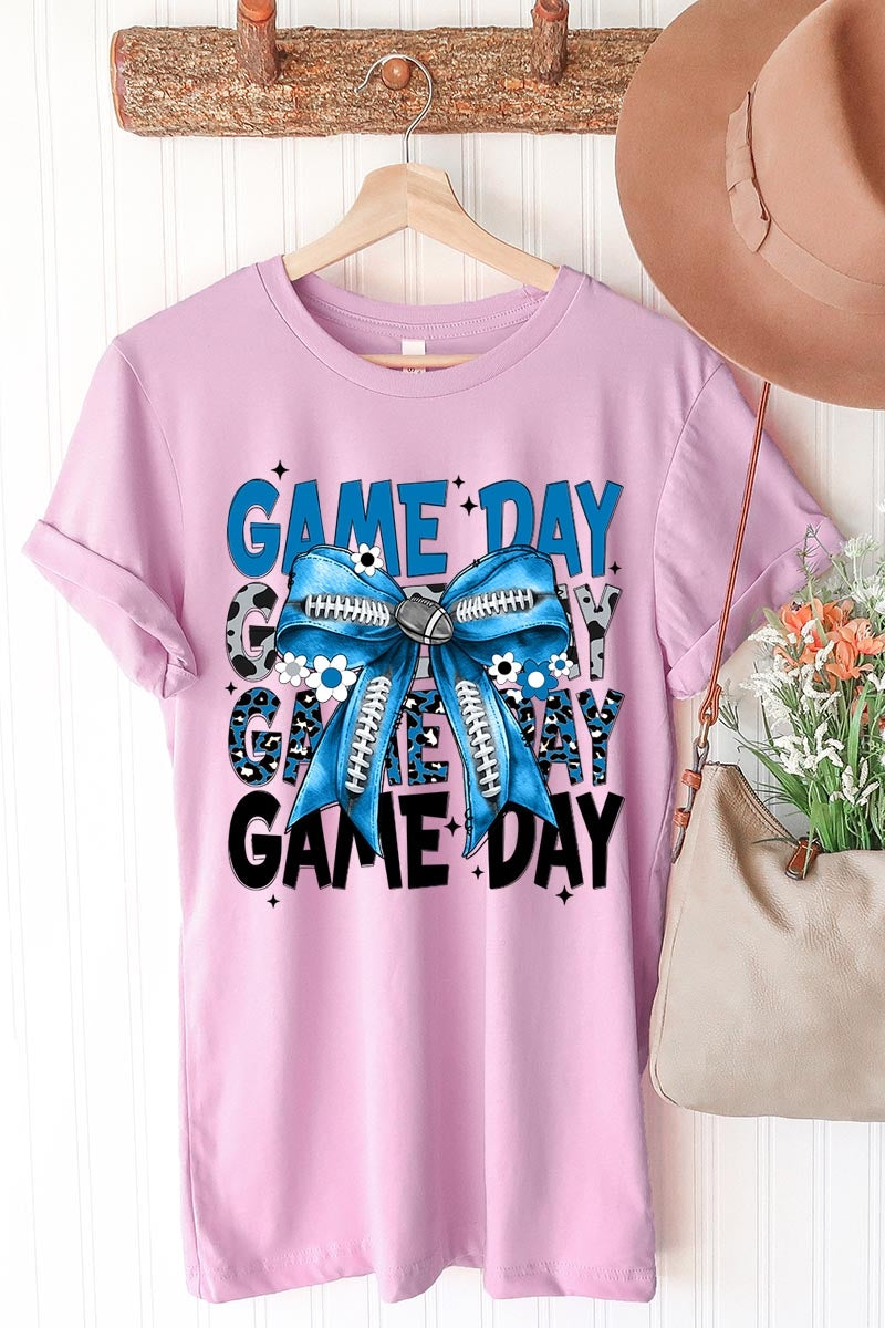 US3001P-E3089 Blue Silver Football Game Day Bow Graphic Plus Tee $16