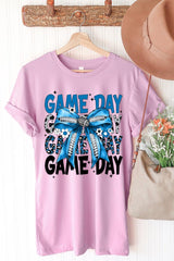 US3001-E3089 Blue Silver Football Game Day Bow Graphic Tee $12.5