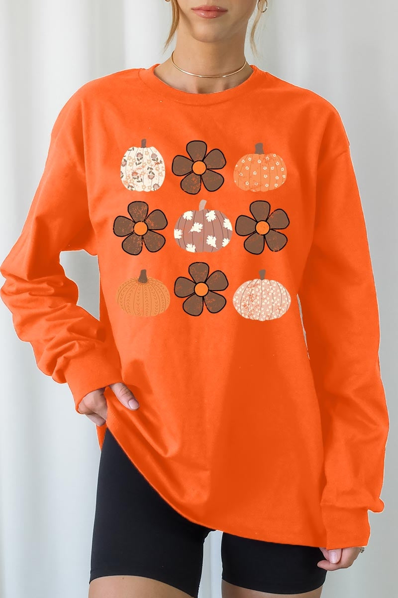 UL240-E3117 Pumpkins & Flowers Fall Graphic Long Sleeve Tee $13.75