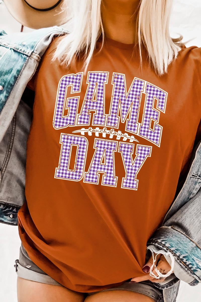 US3001-E3127 Purple Gingham Game Day Graphic Tee $12.5