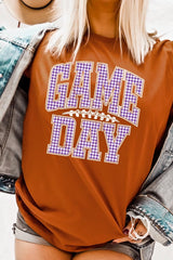 US3001-E3127 Purple Gingham Game Day Graphic Tee $12.5