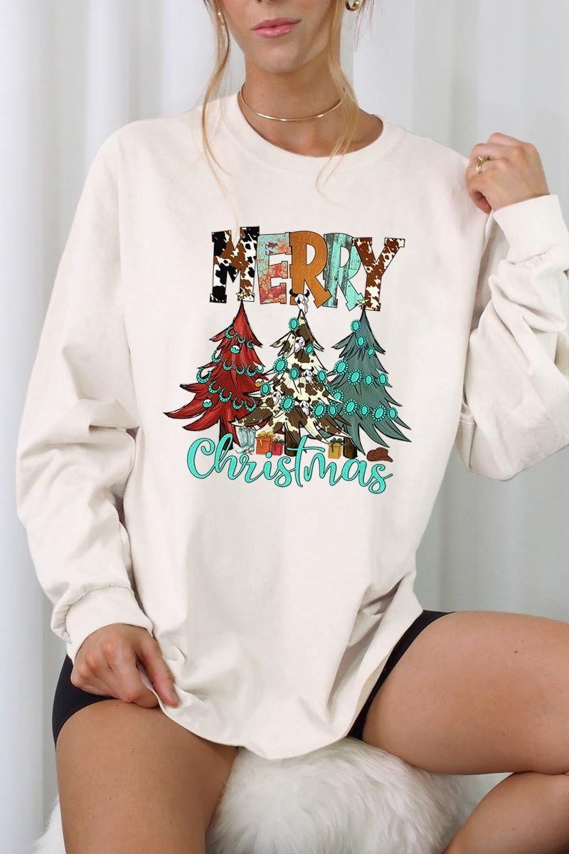 UL240-E3200 Merry Christmas Trees Graphic Long Sleeve Tee $13.75
