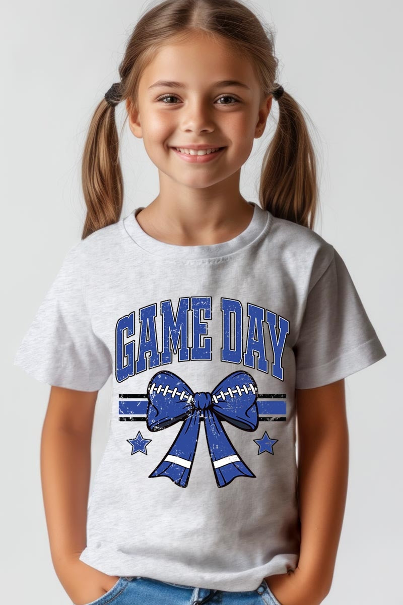 US3001Y-E3065Z Blue Game Day Football Bow Kids Graphic Tee $11