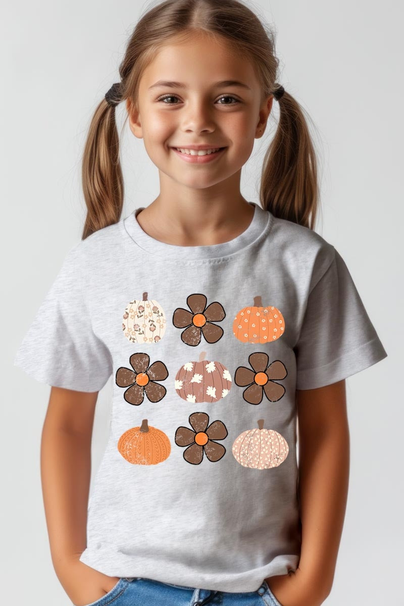 US3001Y-E3117Z Pumpkins & Flowers Fall Kids Graphic Tee $11
