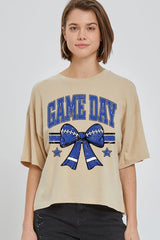 CTS-E3065 Blue Game Day Football Bow Graphic Crop Top $11