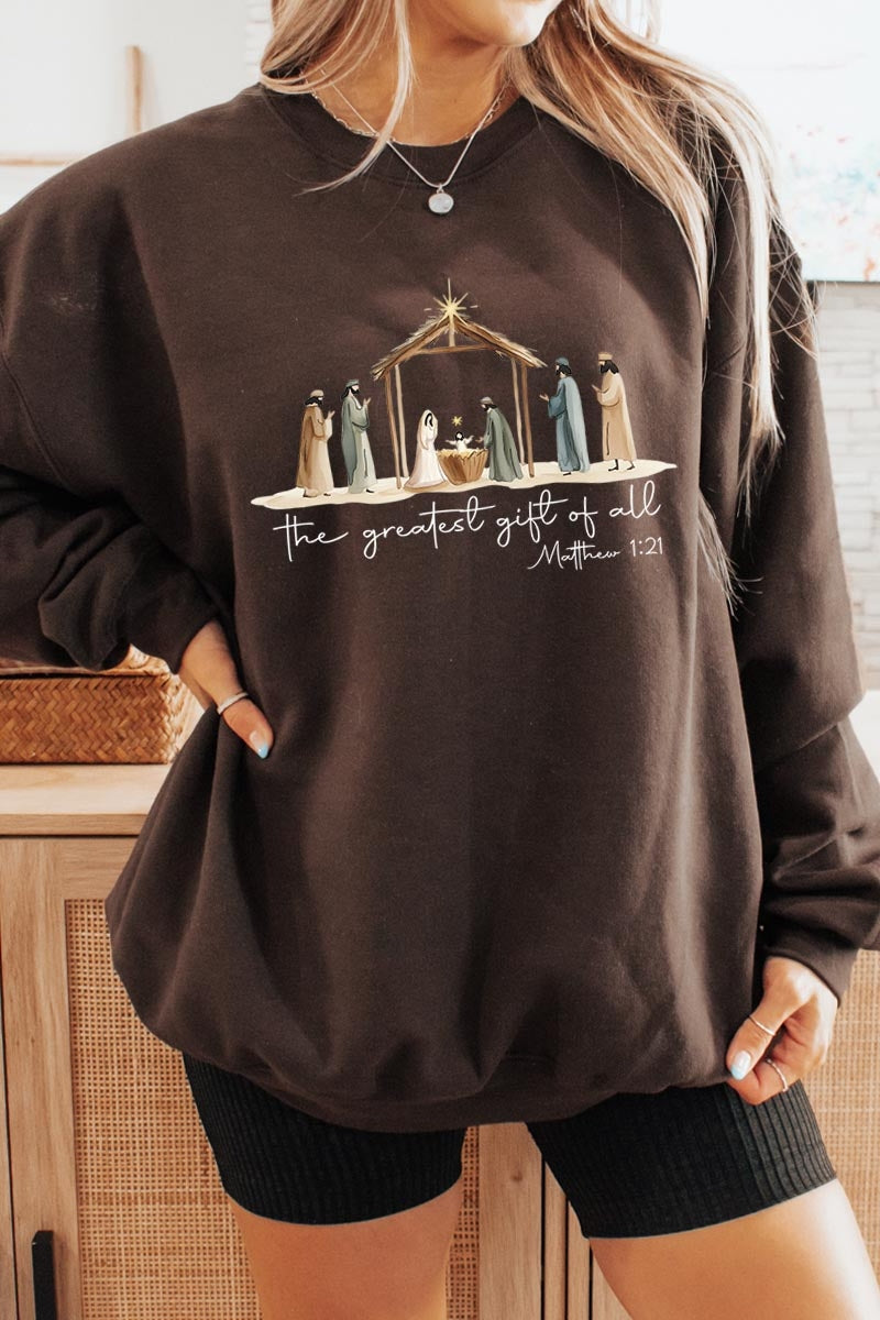 UL180P-E3183 Nativity Gift Graphic Plus Sweatshirt $25