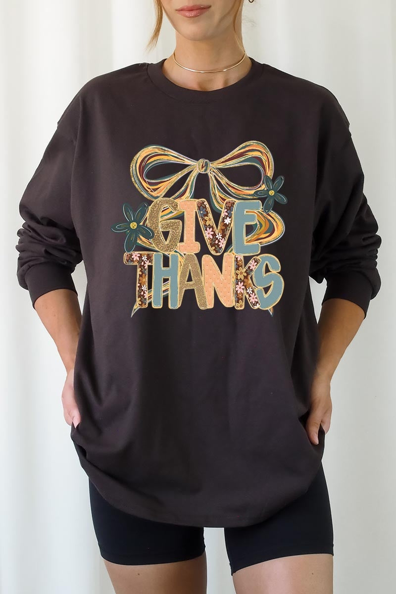 UL240-E3154 Give Thanks Bow Graphic Long Sleeve Tee $13.75