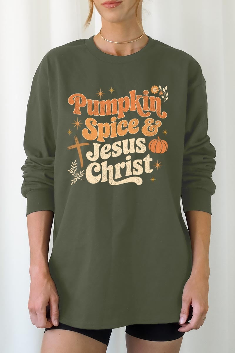 UL240P-E3164 Pumpkin Spice & Jesus Graphic Plus Long Sleeve Tee $17
