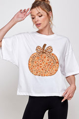 CTS-E3135 Floral Fall Pumpkin Graphic Relaxed Crop Top $11