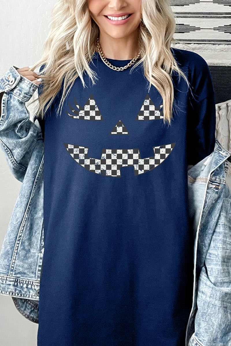 5000-E3149 Checker Pumpkin Face Graphic Heavy Cotton Tee $9