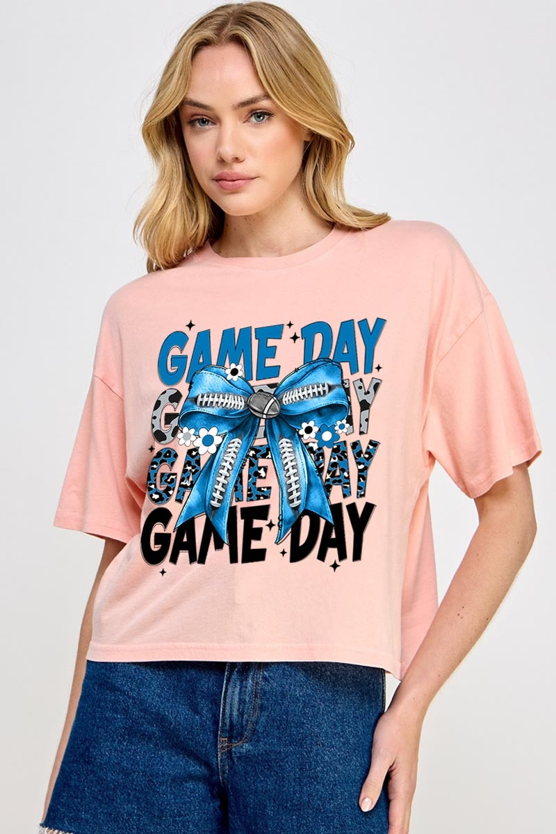 CTS-E3089 Blue Silver Football Game Day Bow Relaxed Crop Top $11