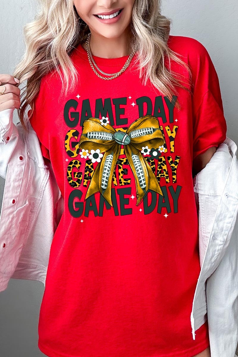 5000P-E3090 Yellow Football Game Day Bow Plus Heavy Cotton Tee $12.75