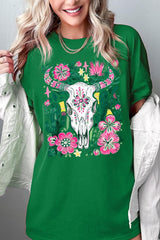 5000-E3086 Western Floral Cow Skull Graphic Heavy Cotton Tee $9