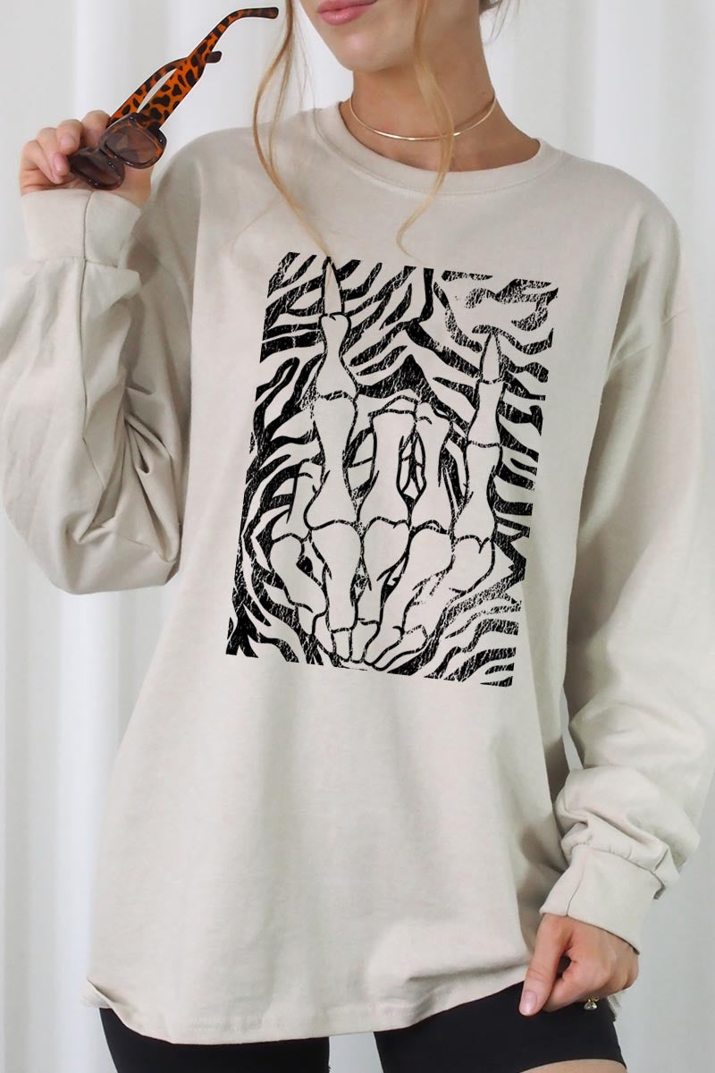 UL240-E3177 Skeleton Hands Zebra Graphic Long Sleeve Tee $13.75