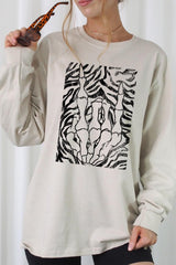 UL240-E3177 Skeleton Hands Zebra Graphic Long Sleeve Tee $13.75
