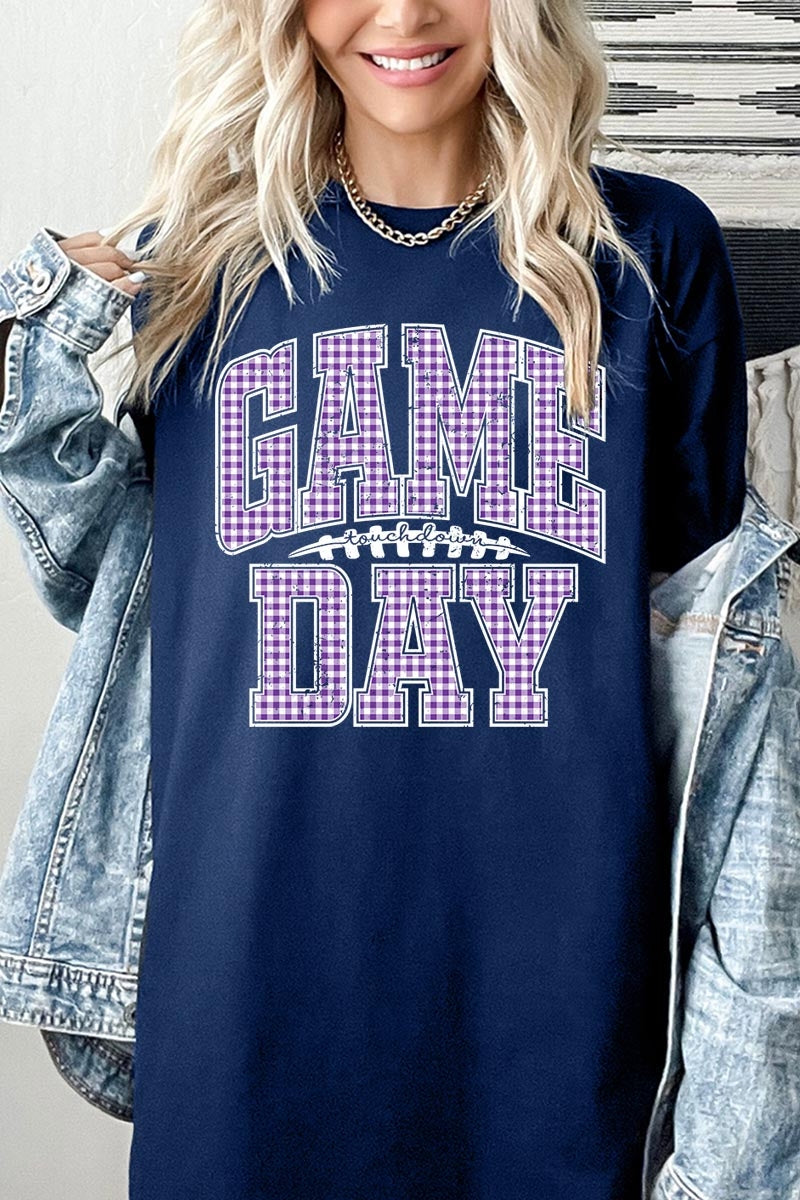 5000-E3127 Purple Gingham Game Day Graphic Heavy Cotton Tee $9